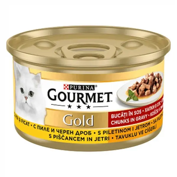 Hrana umeda pentru pisici Gourmet Gold cu pui ficat in sos 85 gr