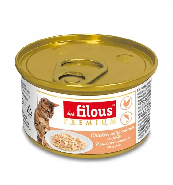 Hrana umeda pentru pisici Les Filous, File de pui si somon in jeleu, 6 x 85g
