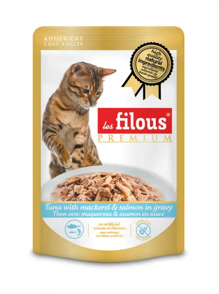 Hrana umeda pentru pisici Les Filous, Ton, macrou si somon in sos, 6 x 80g