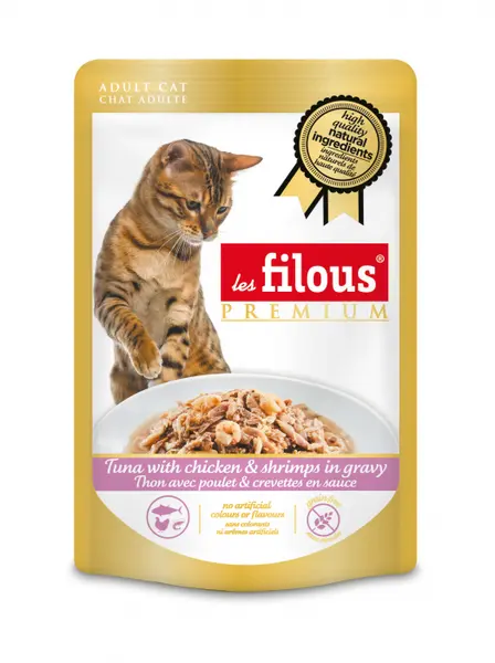 Hrana umeda pentru pisici Les Filous, Ton, pui si creveti in sos, 80g