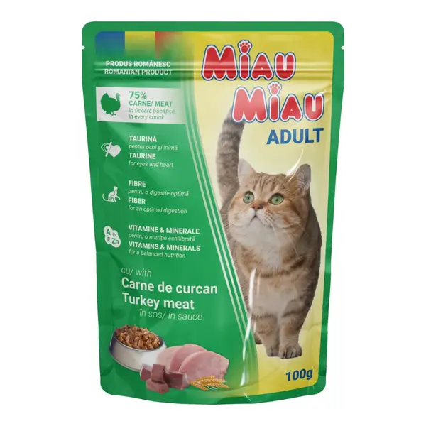 Hrana umeda pentru pisici Miau-Miau, Curcan in sos, plic 100g 100g