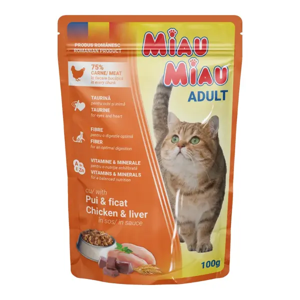 Hrana umeda pentru pisici Miau-Miau, Pui si Ficat in sos, plic 100 g 100g