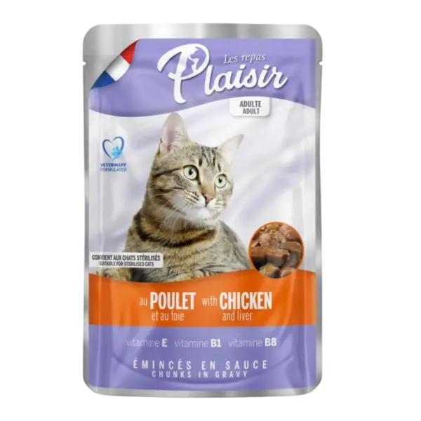 Hrana umeda pentru pisici Plaisir, Sterilizat, Pui si ficat, 22 x 100g