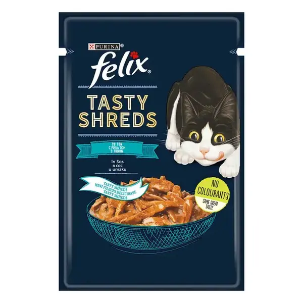 Hrana umeda pentru pisici Purina Felix Tasty Shreds, Ton in sos, 80g