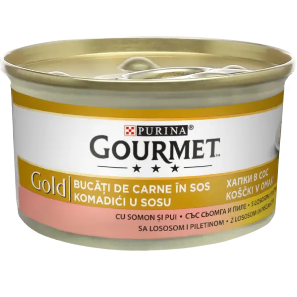 Hrana umeda pentru pisici Purina Gourmet Gold, Pui si somon in sos, 12 x 85g