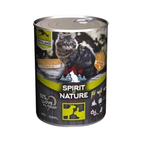 Hrana umeda pentru pisici Spirit of Nature, Miel si iepure, Hipoalergenic, 75% carne, 6 x 415g