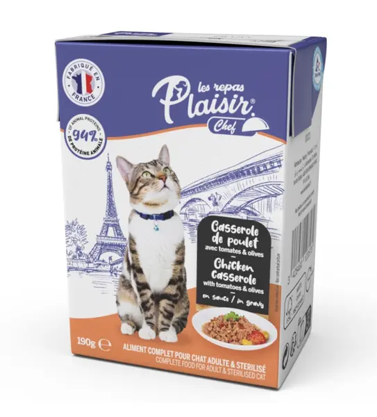 Hrana umeda pentru pisici sterilizate Plaisir Chef, File cu pui, rosii si masline, 190g