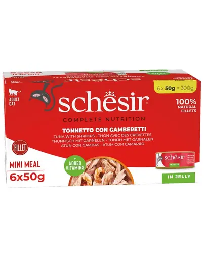 Hrană umedă pisici ton și creveți SCHESIR în jeleu 6x50 g
