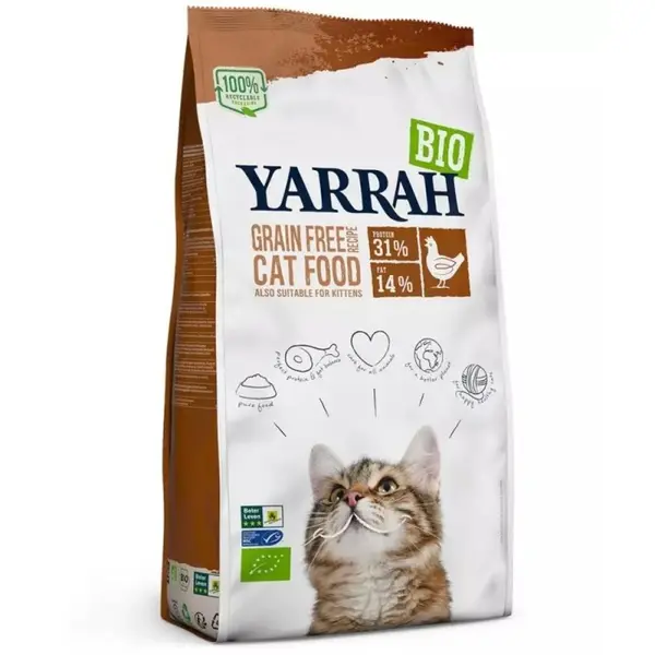 Hrana Uscata Bio pentru Pisici, cu Peste, 31% Proteina si 14% Grasimi, fara Cereale, 2.4 kg, Yarrah