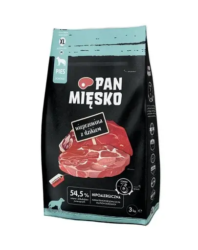 Hrană uscată câini adulți hipoalergenică PAN MIĘSKO 3kg porc mistreț XL