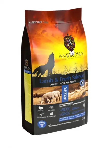 Hrana uscata pentru caini Ambrosia Adult, Miel si somon proaspat, hipoalergenic, fara cereale, 2kg
