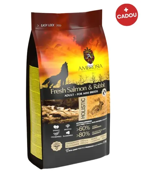 Hrana uscata pentru caini Ambrosia Adult Mini, Somon si iepure, hipoalergenic, fara cereale, 5kg