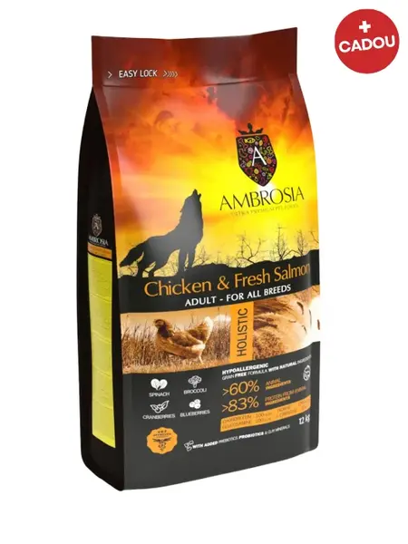 Hrana uscata pentru caini Ambrosia Adult, Pui si somon, hipoalergenic, fara cereale, 12kg