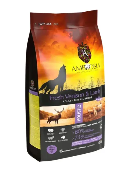 Hrana uscata pentru caini Ambrosia Adult, Vanat si miel, hipoalergenic, fara cereale, 2kg