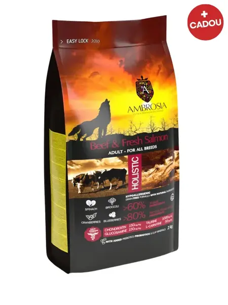 Hrana uscata pentru caini Ambrosia Adult, Vita si somon, hipoalergenic, fara cereale, 12kg
