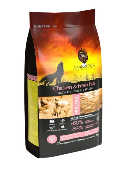 Hrana uscata pentru caini Ambrosia Junior, Pui si peste, hipoalergenic, fara cereale, 2kg