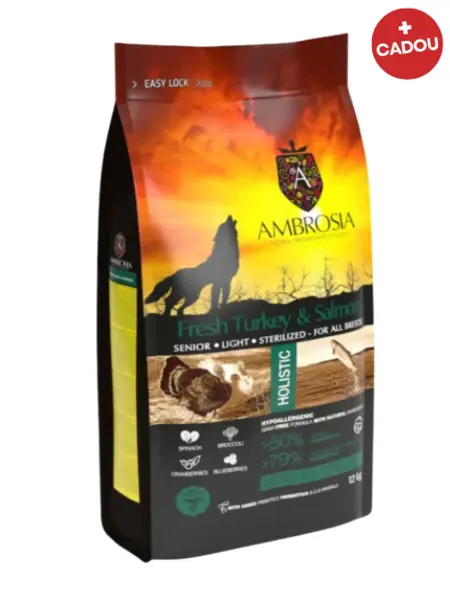 Hrana uscata pentru caini Ambrosia Senior Sterilized, Curcan proaspat si somon, hipoalergenic, fara cereale, 12kg