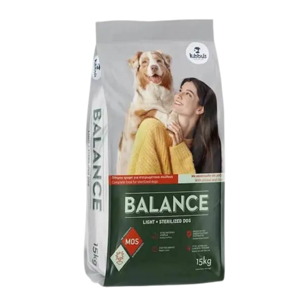Hrana uscata pentru caini Kibbus Balance Light Sterilized, Pui si orez, 15 kg