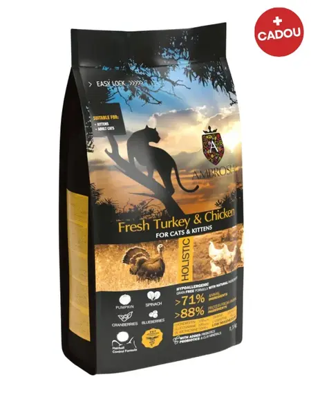 Hrana uscata pentru pisici Ambrosia Kitten, Curcan si pui, hipoalergenic, fara cereale, 5kg