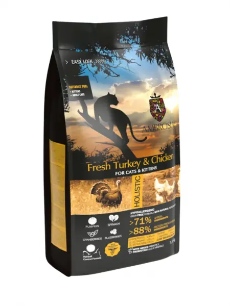 Hrana uscata pentru pisici Ambrosia Kitten, Curcan si pui, hipoalergenic, fara cereale, 1.5kg