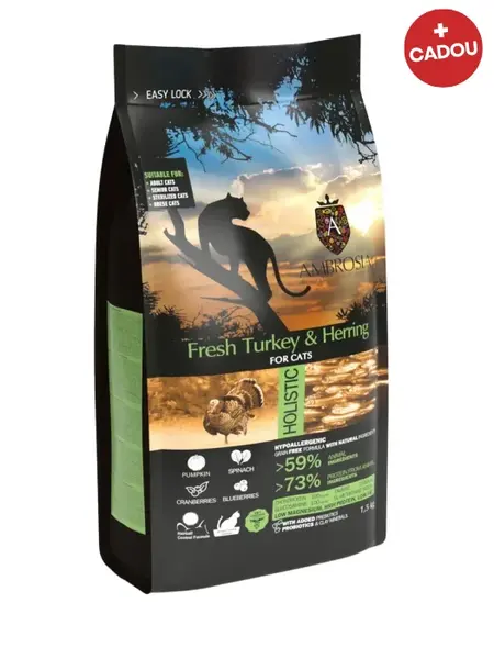 Hrana uscata pentru pisici Ambrosia Steril, Curcan si hering, hipoalergenic, fara cereale, 5kg