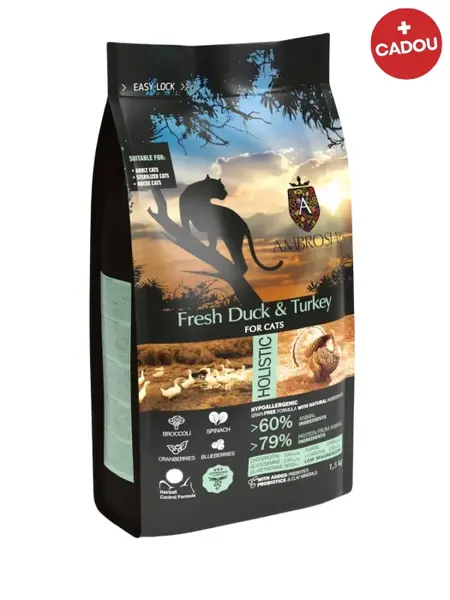 Hrana uscata pentru pisici Ambrosia Steril, Rata si curcan, hipoalergenic, fara cereale, 5kg