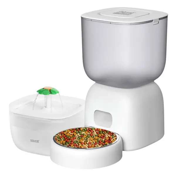 Hranitor automat si fantana de apa pentru animale de companie iHunt Smart Pet Care Pack Alb, Programabil, Sistem de filtrare, Aplicatie iHuntHome, Silentios, 3L