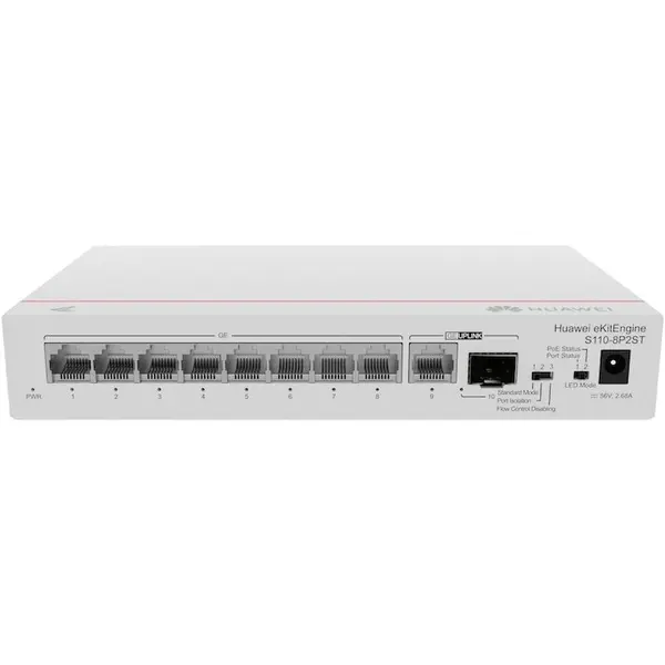 Huawei Huawei Switch S110-8P2ST (8 porturi GE (124W PoE+), 1 port GE SFP, 1 port GE, alimentare CA, adaptor de alimentare)