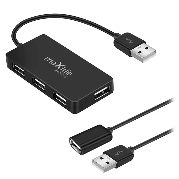 Hub USB 3.0 cu 4 porturi, cablu 0.15 m + cablu suplimentar 1.5 m, negru, Maxlife OEM0002311