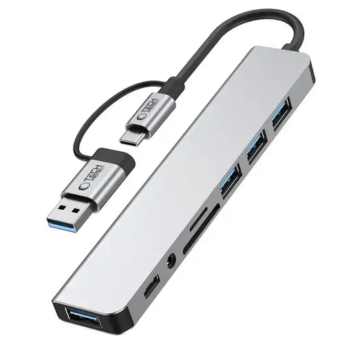Hub USB-A / USB-C Tech-Protect HB06, 2 x USB-A, 2 x USB-A 3.0, 1 x USB-C, 1 x SD, 1 x microSD, 1 x Jack 3.5mm (Gri)