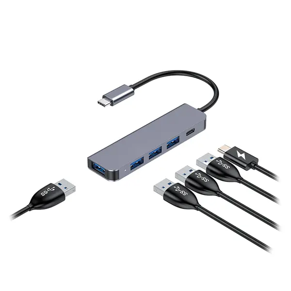 Hub USB-C 5 in 1, 4x USB 3.0 5Gbps, USB-C PD 100W, carcasa aluminiu, Plug & Play, PMH42