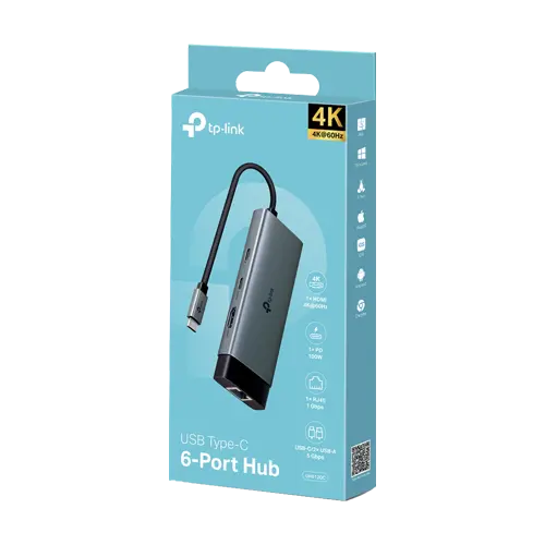 Hub USB-C 6-in-1, 1 x USB-C PD 100W, 1 x USB-C, 2 x USB-A, 1 x HDMI 4K@60Hz, 1 x RJ45 1G - TP-Link UH6120C
