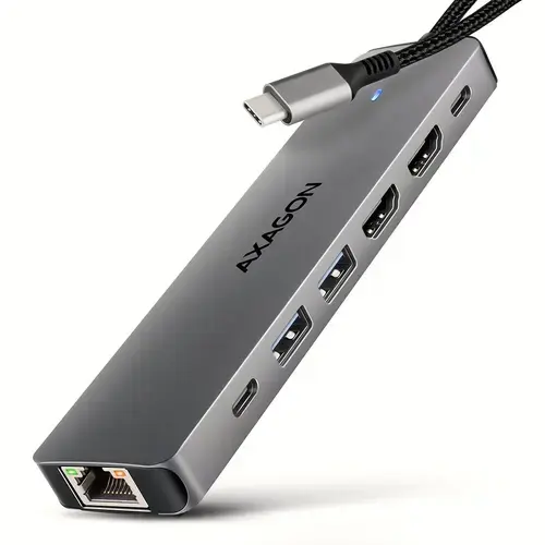 Hub USB-C 7in1 Axagon HMC-7HX2, 2 x USB-A, 2 x HDMI, RJ-45, USB Type-C, PD 100W (Argintiu)