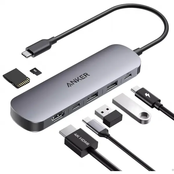 Hub USB-C Anker, 2 x USB-A 3.0 - 2 x USB-C - 1 x HDMI - 1 x SD - 1 x microSD, Gri A83D2HA1