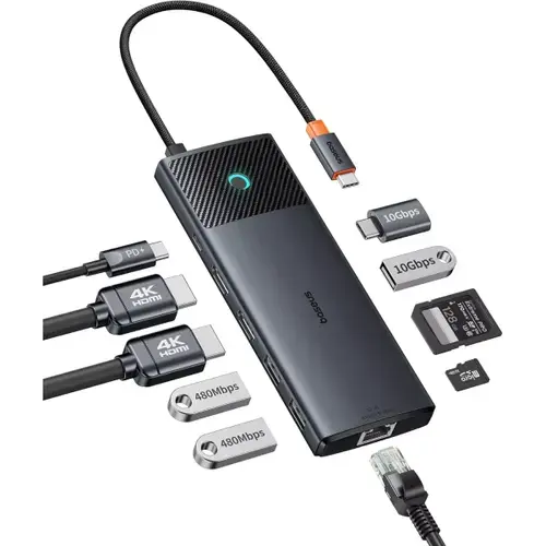 Hub USB-C Baseus Dual Display, 1 x USB-A 3.0 - 2 x USB-A - 2 x USB-C - 2 x HDMI - 1 x RJ45 - 1 x SD - 1 x microSD, B00061800123-01 (Negru)
