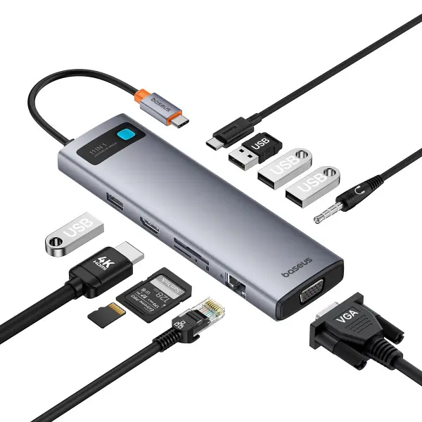 Hub USB-C Baseus Metal Gleam, 3 x USB-A 3.0 - 1 x USB-A - 1 x USB-C - 1 x HDMI - 1 x VGA - 1 x Jack 3.5mm - 1 x RJ45 - 1 x SD - 1 x microSD, Gri