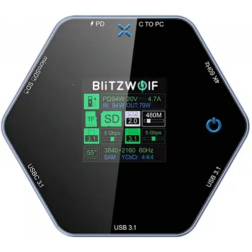 Hub USB-C BlitzWolf BW-TH16, HDMI 4K@60Hz, 2 x USB 3.1, 1 x USB-C 3.1, USB-C PD 100W, SD, TF, 8in1 (Gri)