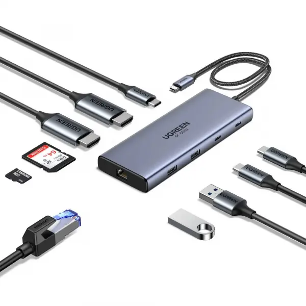 Hub USB-C UGREEN CM639 (45380), 2 x USB-A 3.2 - 3 x USB-C - 2 x HDMI - 1 x RJ45 - 1 x SD - 1 x microSD, Gri