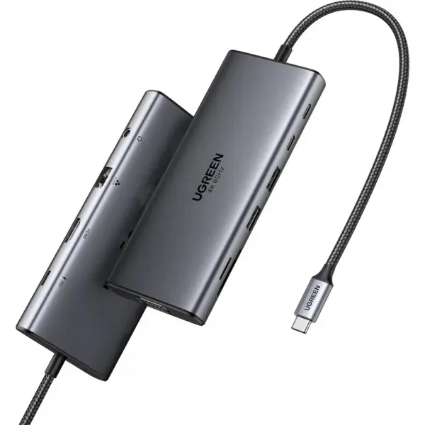 Hub USB-C UGREEN CM639 (45520), 2 x USB-A 3.2 - 3 x USB-C - 1 x HDMI - 1 x VGA - 1 x Jack 3.5mm - 1 x RJ45 - 1 x SD - 1 x microSD, Gri