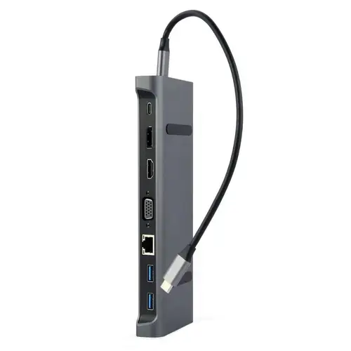 HUB USB Gembird 9-in-1 A-CM-COMBO9-02, USB Type C, HDMI + DisplayPort + VGA + PD + LAN + stereo audio (Gri)