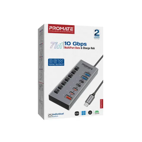 Hub USB Promate - GegaHub-10G, 7-în-1, 10Gbps, 36W, gri