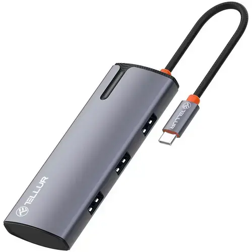 Hub USB Tellur TLL321061 USB-C Power Delivery 3.0 100W, 1 x HDMI 4K, 3 x USB 3.0, aluminiu, Gri