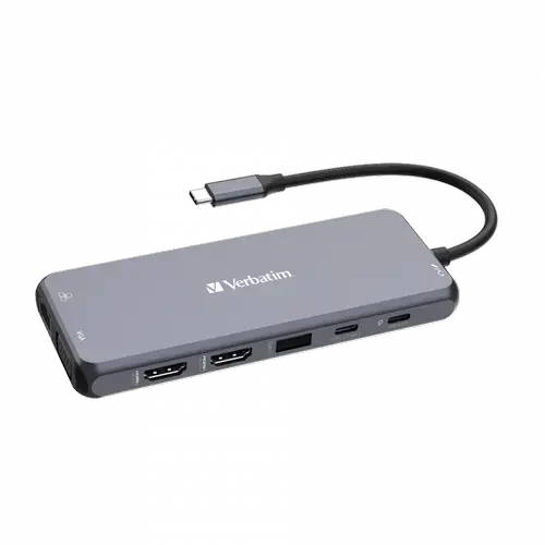 Hub USB Verbatim USB-C Pro Multiport 14-în-1, 2x HDMI (4K@60Hz, 4K@30Hz), 1x VGA (1080p), 1x RJ45 Gigabit Ethernet, 3x USB-A 3.2 Gen1, 2x USB-A 2.0, 1x USB-C 3.2 Gen1, 1x USB-C PD 100W, Cititor SD/microSD, Jack Audio 3,5 mm (Gri)