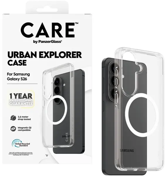 Husa CARE – Urban Explorer w. White Qi, Galaxy S26, transparent