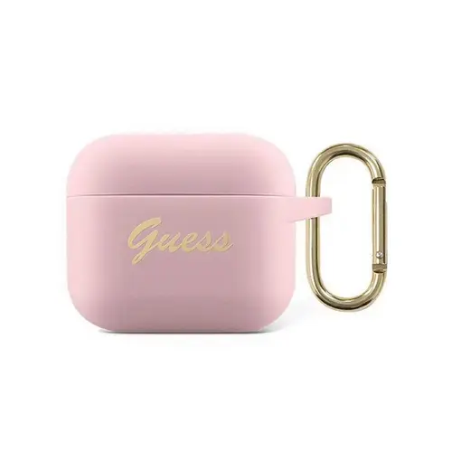 Husa Casti Guess pentru Apple Airpods 3 GUA3SSSI Silicon Vintage Script (Roz)