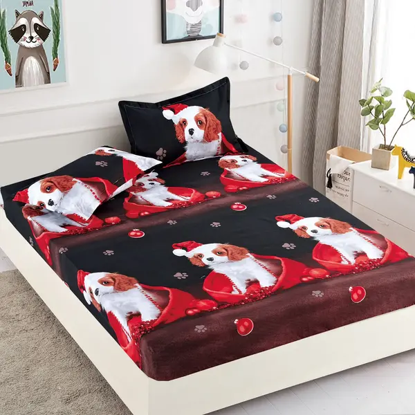 Husa de Pat cu Elastic din Bumbac Finet + 2 Fete de Perna, Pat 2 Persoane – Christmas Collections 180 x 200 cm