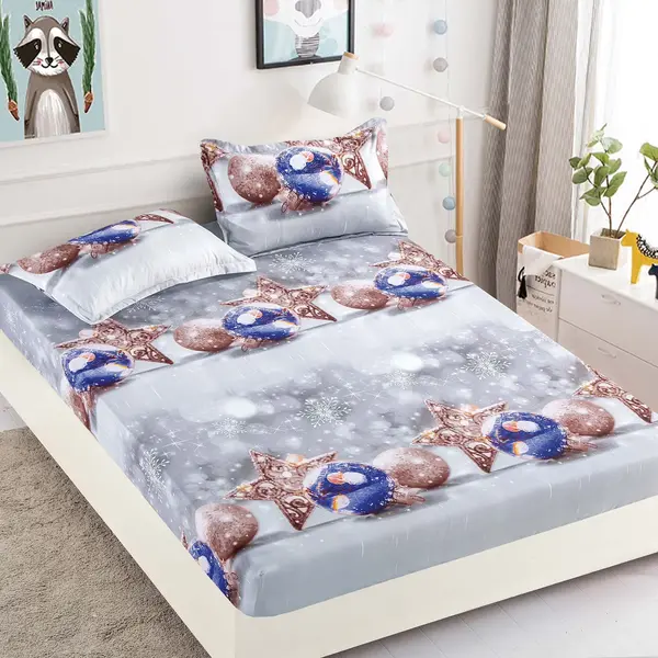 Husa de Pat cu Elastic din Bumbac Finet + 2 Fete de Perna, Pat 2 Persoane – Christmas Collections 180 x 200 cm