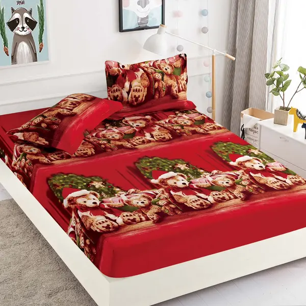 Husa de Pat cu Elastic din Bumbac Finet + 2 Fete de Perna, Pat 2 Persoane – Christmas Collections 180 x 200 cm