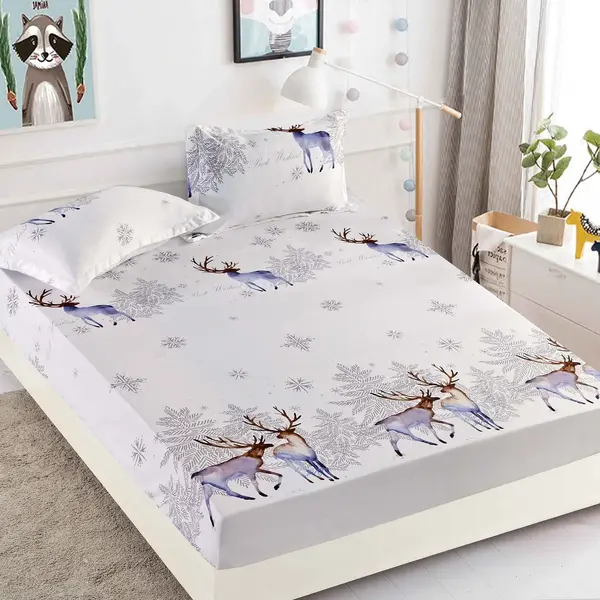 Husa de Pat cu Elastic din Bumbac Finet + 2 Fete de Perna, Pat 2 Persoane – Christmas Collections 180 x 200 cm