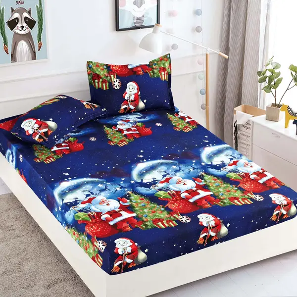 Husa de Pat cu Elastic din Bumbac Finet + 2 Fete de Perna, Pat 2 Persoane – Christmas Collections 180 x 200 cm